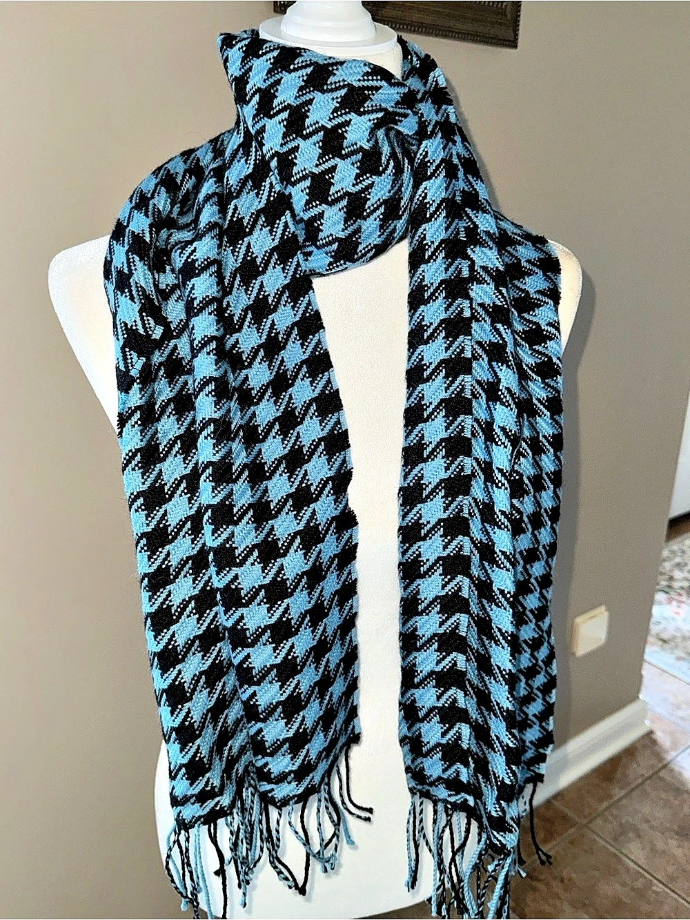 Classic Alpaca Houndstooth Scarf in Blue & Black, 100% Baby Alpaca